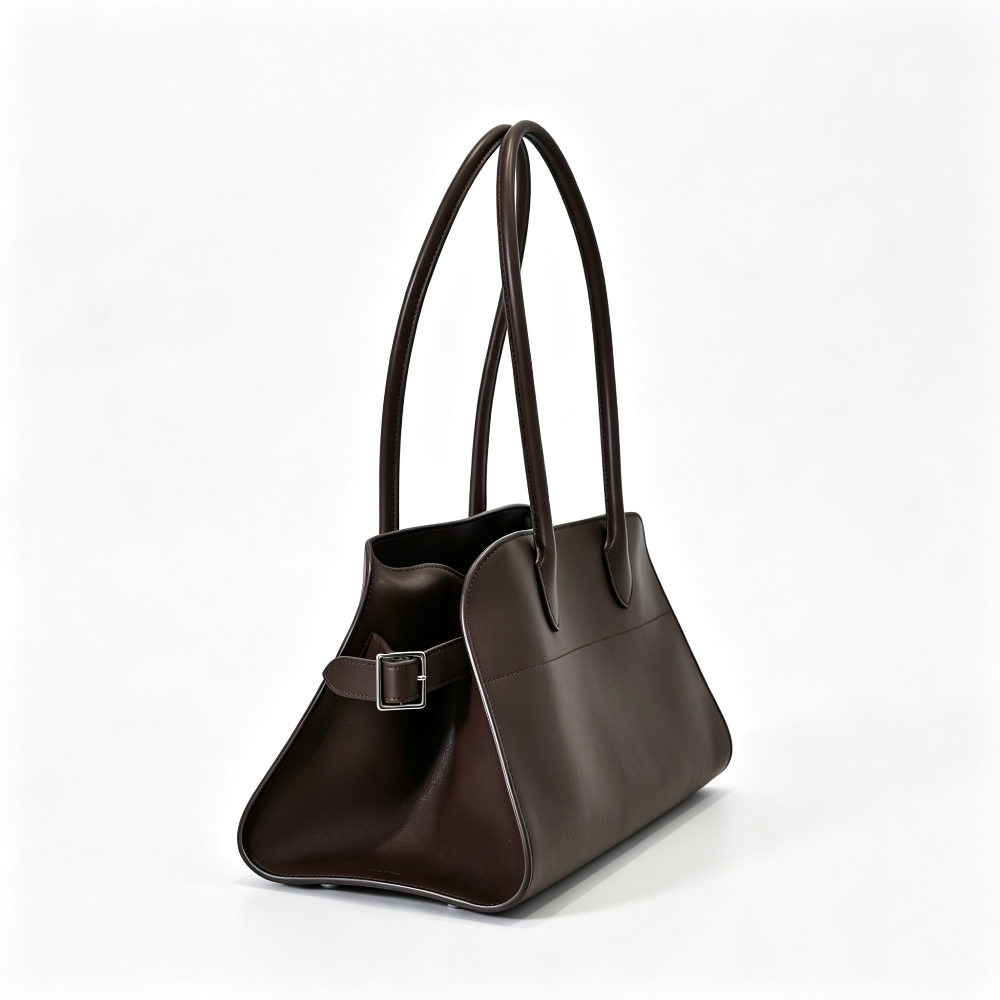 The Row Margaux 15 Smooth Calfskin Handbag | Large Leather Tote with Side Buckles | Black / Dark Chocolate