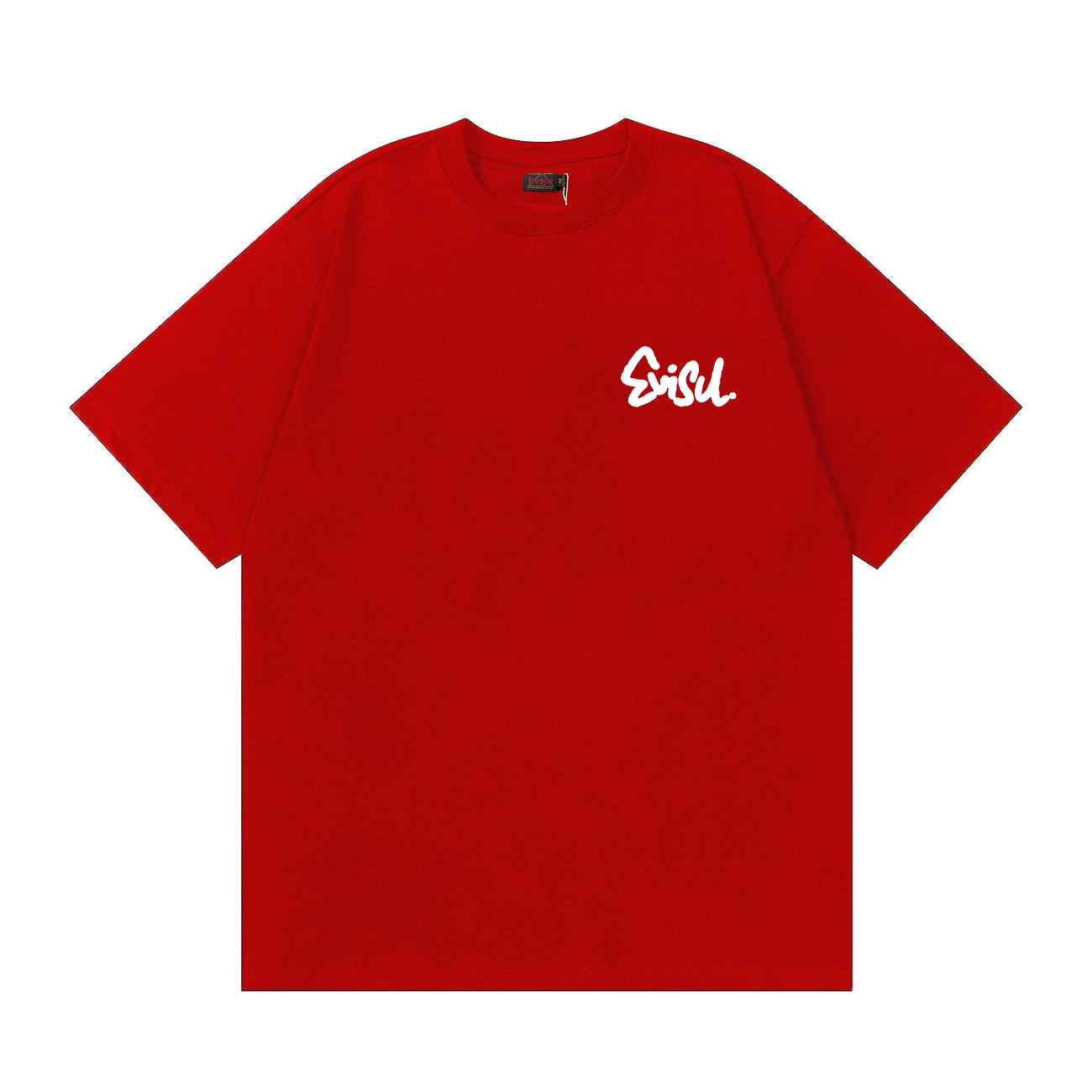 The T-shirt is an EVISU short-sleeve tee featuring a skull and large "M" print.