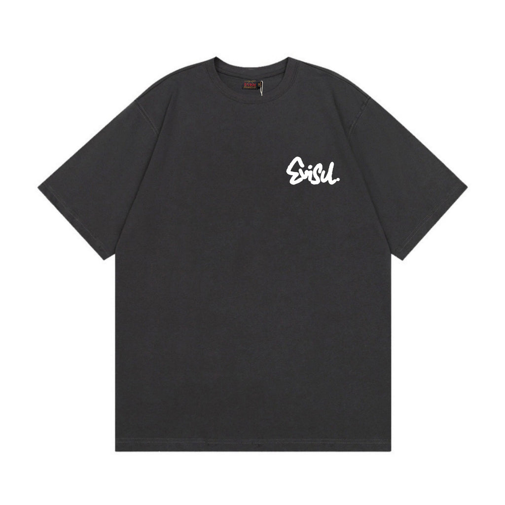 The T-shirt is an EVISU short-sleeve tee featuring a skull and large "M" print.