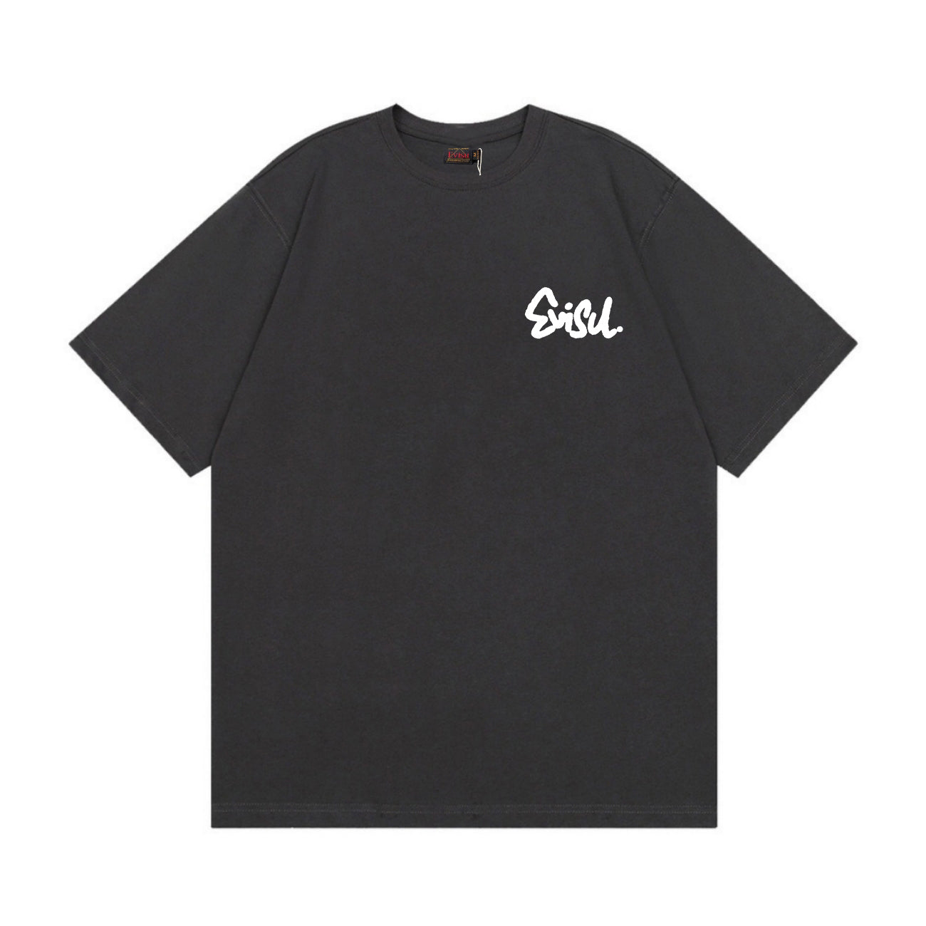 The T-shirt is an EVISU short-sleeve tee featuring a skull and large "M" print.