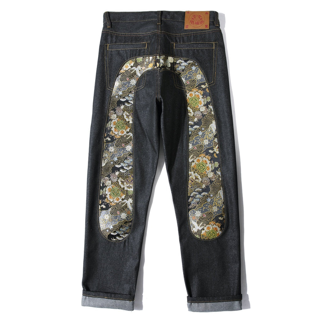 Evisu Men's "Dragon & Floral" Ukiyo-e Embroidered Jeans – Raw Denim Japanese Streetwear