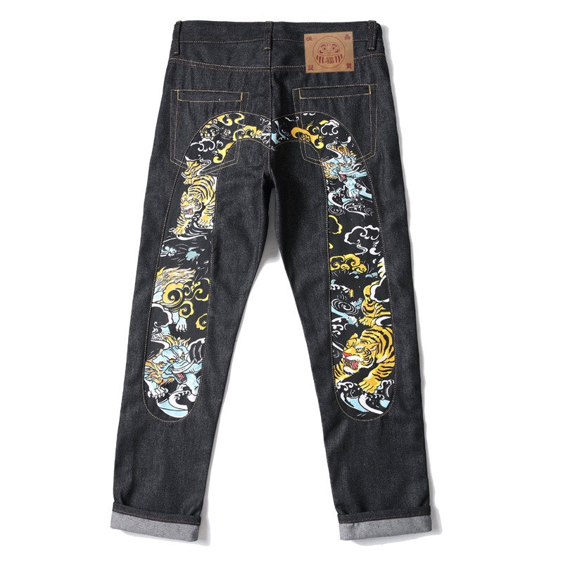 Evisu Men's "Dragon & Tiger" Ukiyo-e Embroidered Jeans – Raw Denim Japanese Streetwear