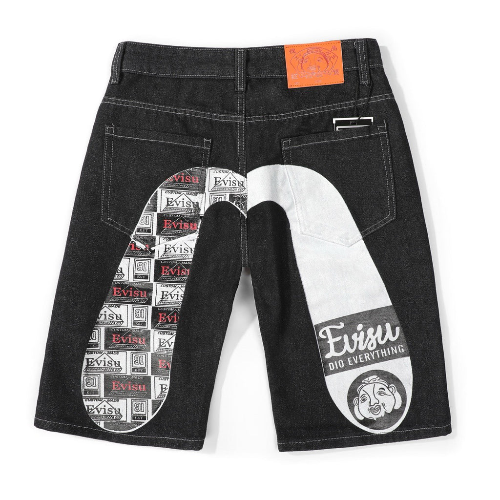 EVISU Denim Shorts featuring Daruma Print and Embroidered "Big M"