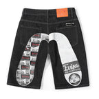 EVISU Denim Shorts featuring Daruma Print and Embroidered "Big M"