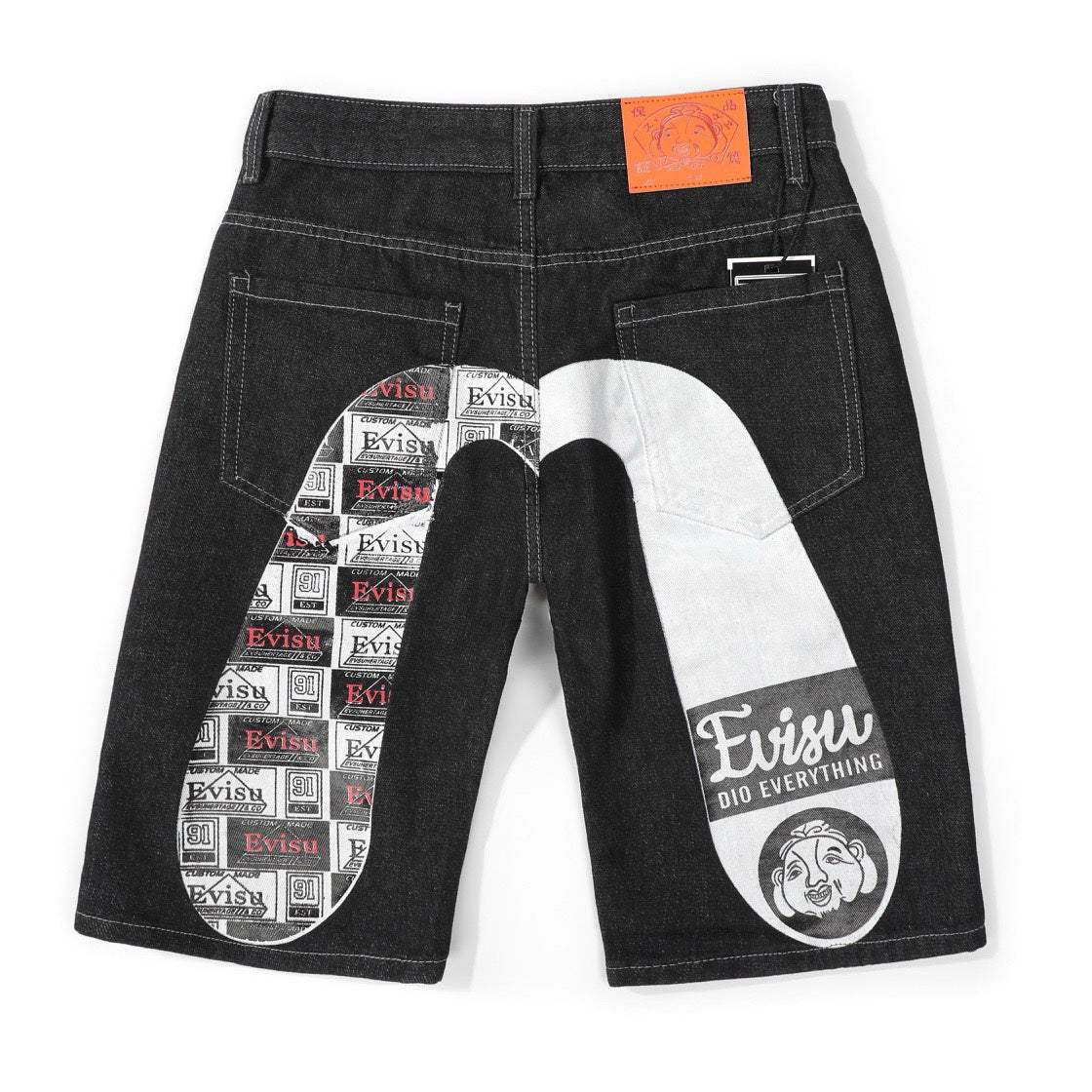 EVISU Denim Shorts featuring Daruma Print and Embroidered "Big M"