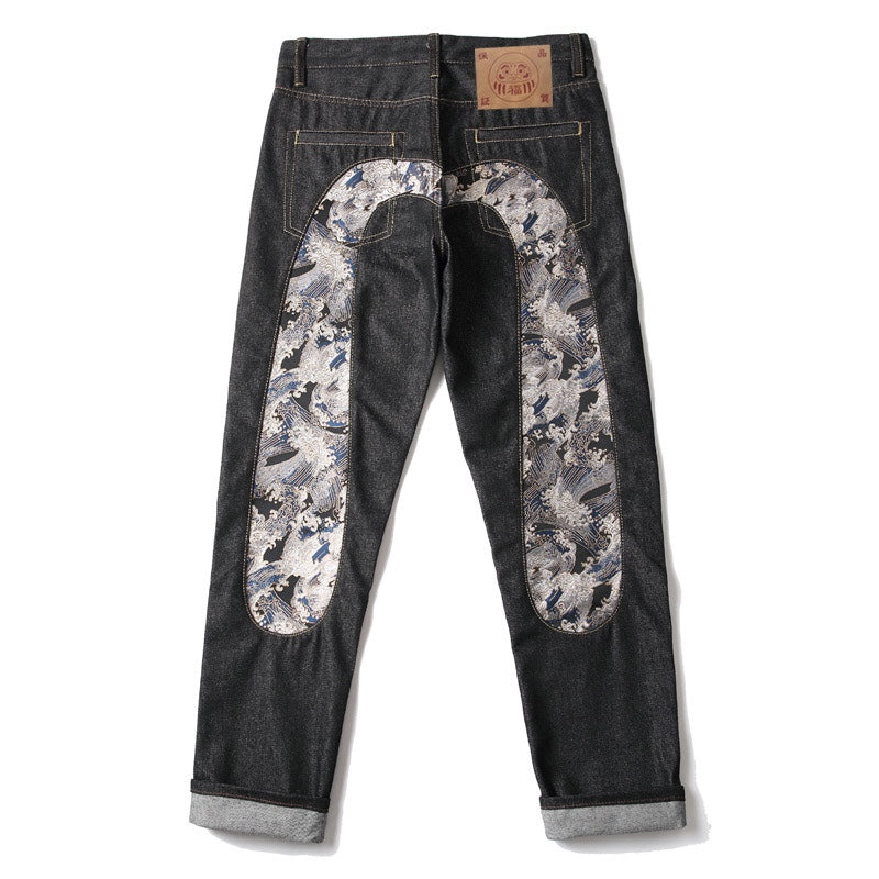 Evisu Men's "Great Wave" Ukiyo-e Embroidered Jeans – Raw Denim Japanese Streetwear