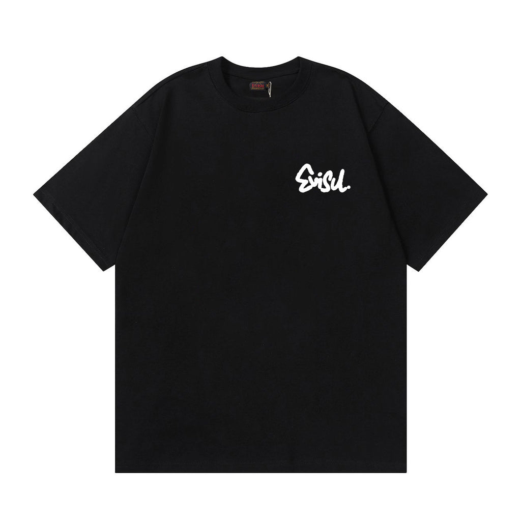 The T-shirt is an EVISU short-sleeve tee featuring a skull and large "M" print.