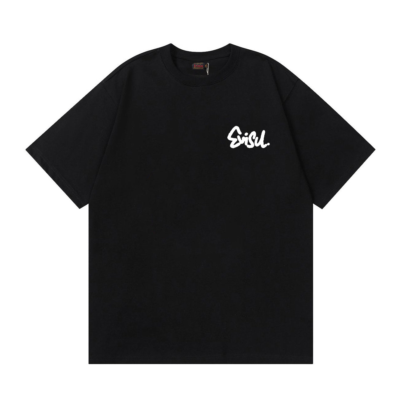 The T-shirt is an EVISU short-sleeve tee featuring a skull and large "M" print.