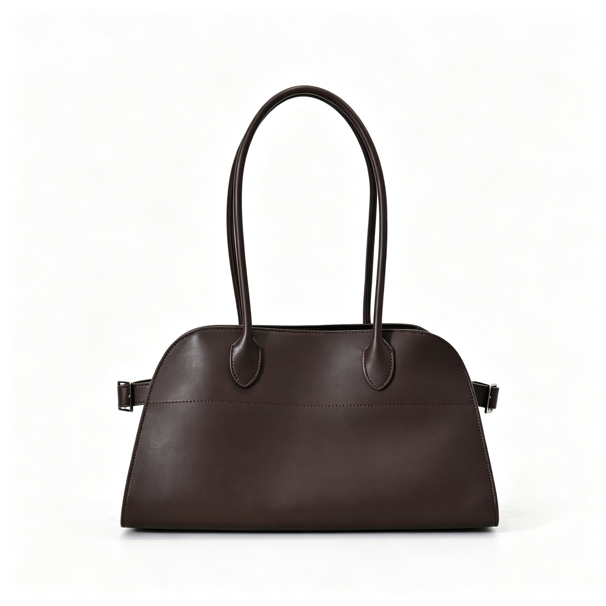 The Row Margaux 15 Smooth Calfskin Handbag | Large Leather Tote with Side Buckles | Black / Dark Chocolate