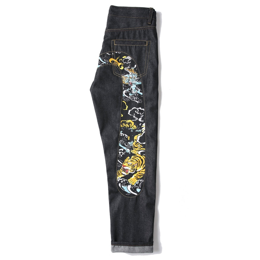 Evisu Men's "Dragon & Tiger" Ukiyo-e Embroidered Jeans – Raw Denim Japanese Streetwear