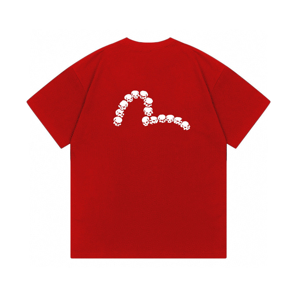 The T-shirt is an EVISU short-sleeve tee featuring a skull and large "M" print.