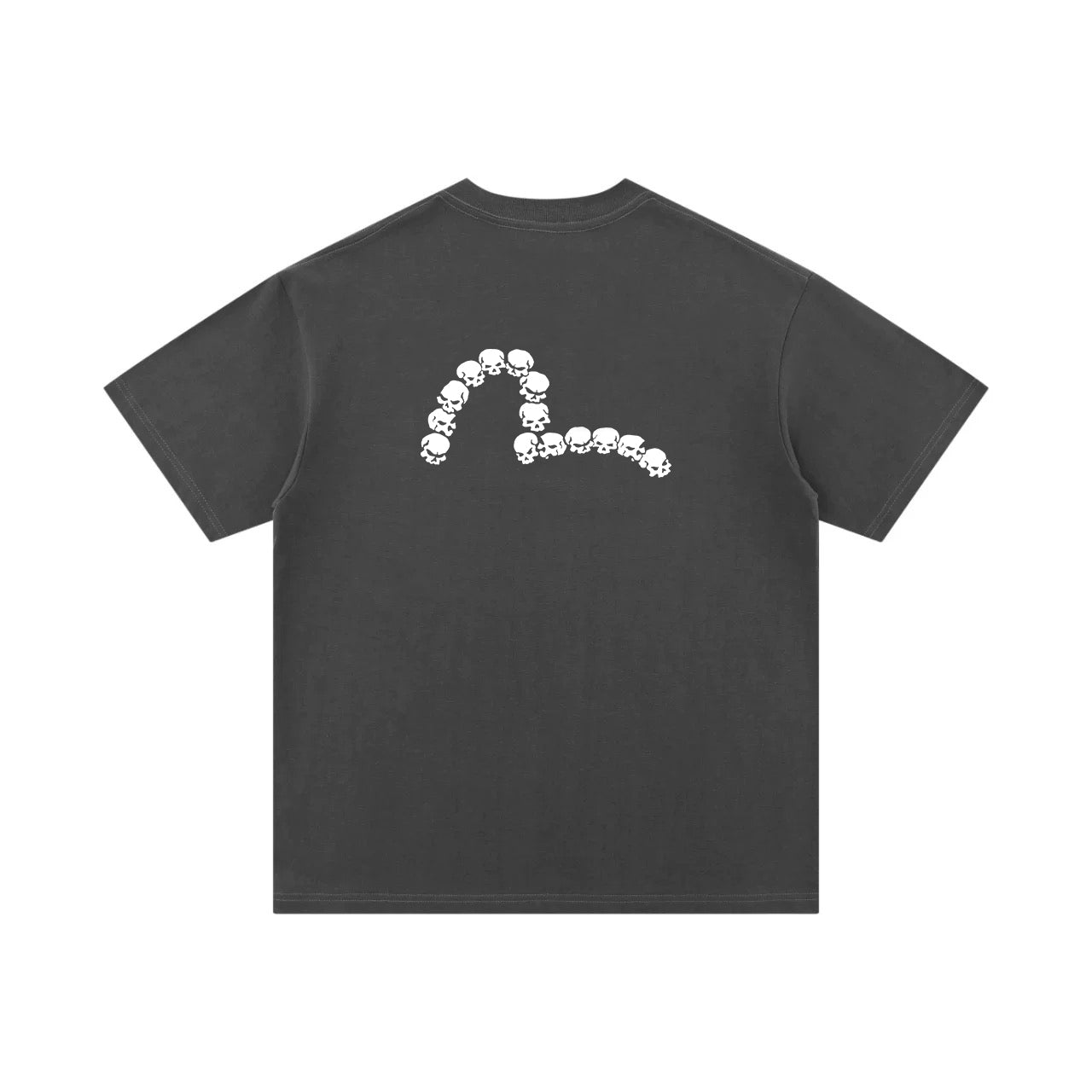 The T-shirt is an EVISU short-sleeve tee featuring a skull and large "M" print.