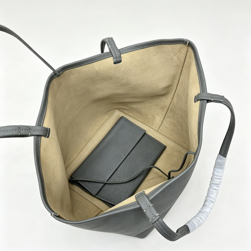 The Row Park Tote Three Large Leather Tote Bag | Elephant Grey Pebbled Leather Handbag with Matching Pouch | Women's Designer Commuter Bag