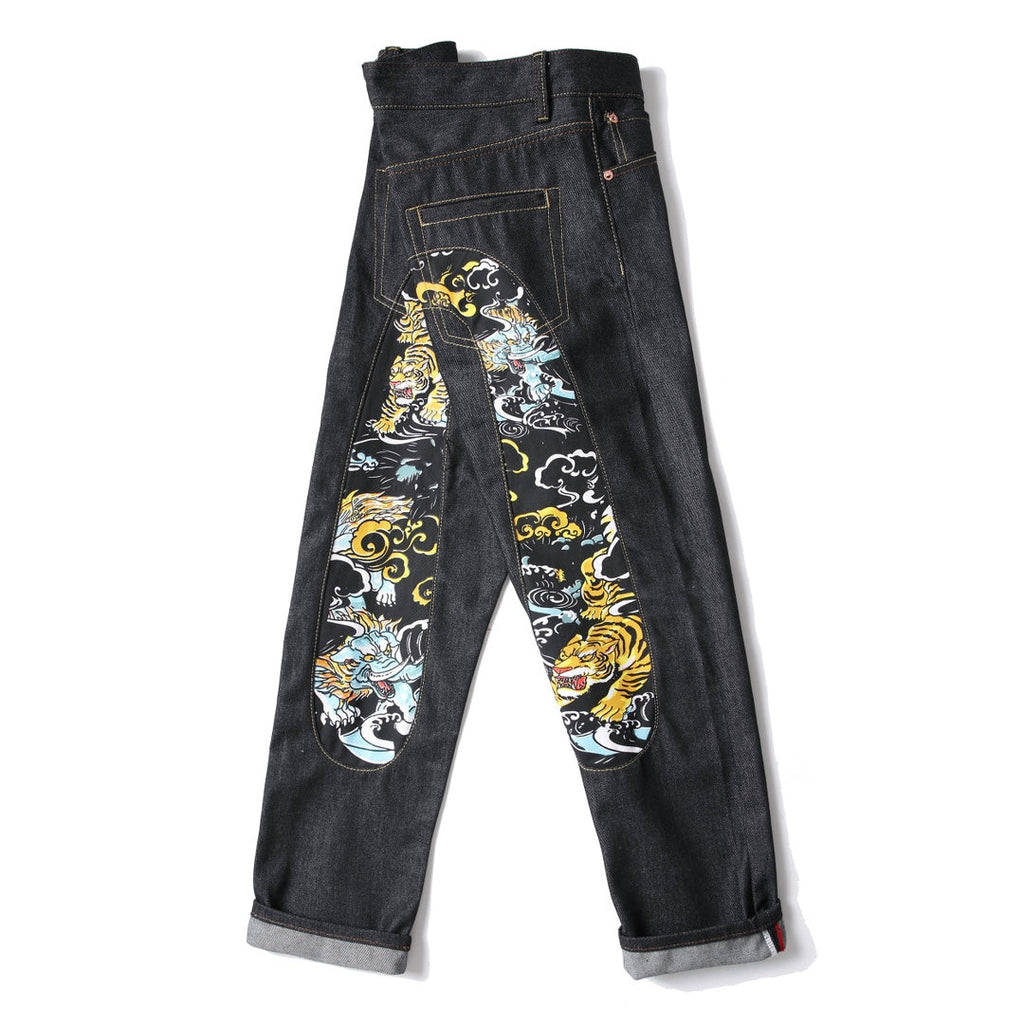 Evisu Men's "Dragon & Tiger" Ukiyo-e Embroidered Jeans – Raw Denim Japanese Streetwear