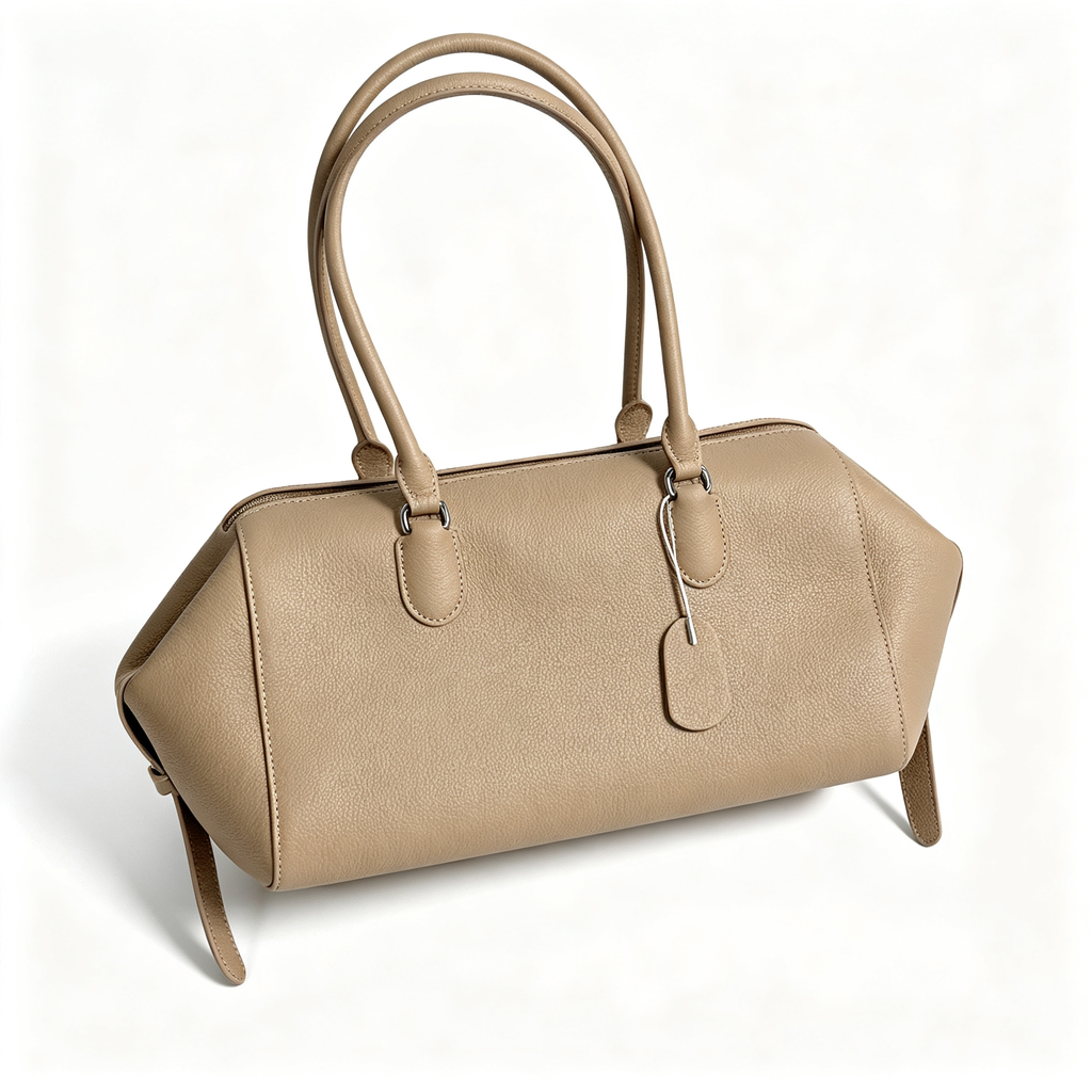 The Row EW Bowling Leather Handbag | 40cm Pebbled Leather Shoulder Bag | Taupe Commuter Tote