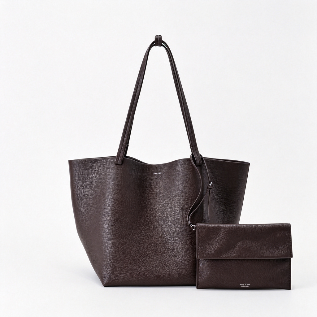 The Row XL Park Tote Bag | 50cm Pebbled Leather Large Tote with Pouch | Espresso Brown Handbag