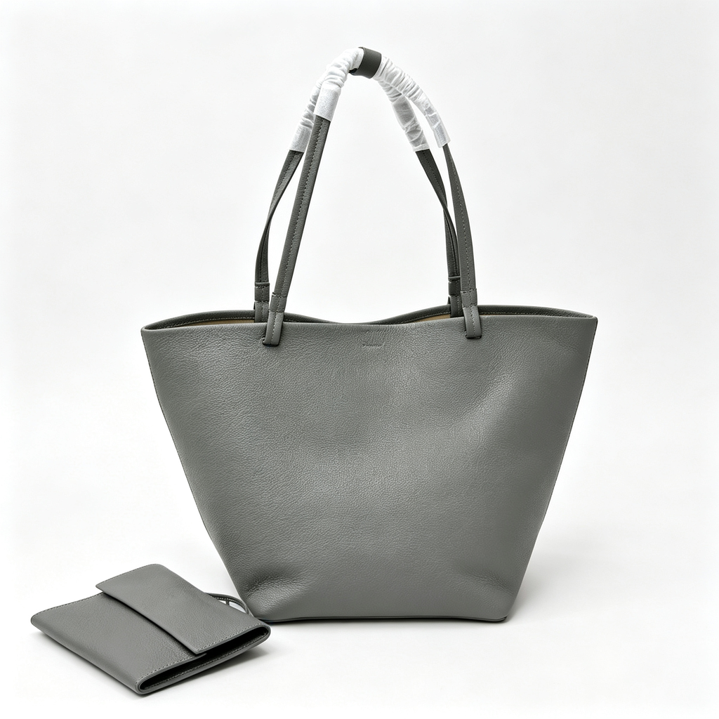 The Row Park Tote Three Large Leather Tote Bag | Elephant Grey Pebbled Leather Handbag with Matching Pouch | Women's Designer Commuter Bag