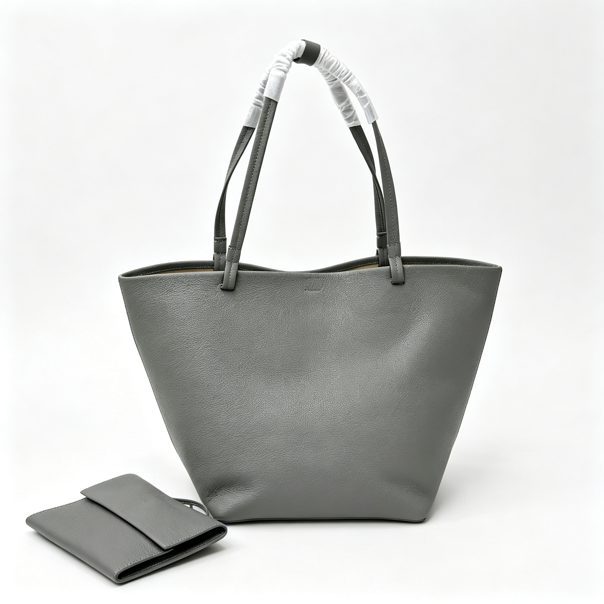 The Row Park Tote Three Large Leather Tote Bag | Elephant Grey Pebbled Leather Handbag with Matching Pouch | Women's Designer Commuter Bag