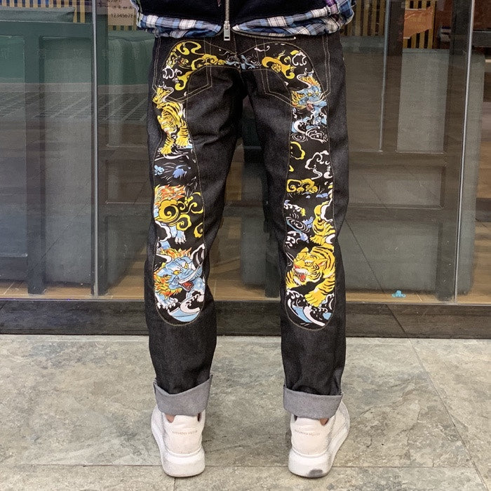 Evisu Men's "Dragon & Tiger" Ukiyo-e Embroidered Jeans – Raw Denim Japanese Streetwear
