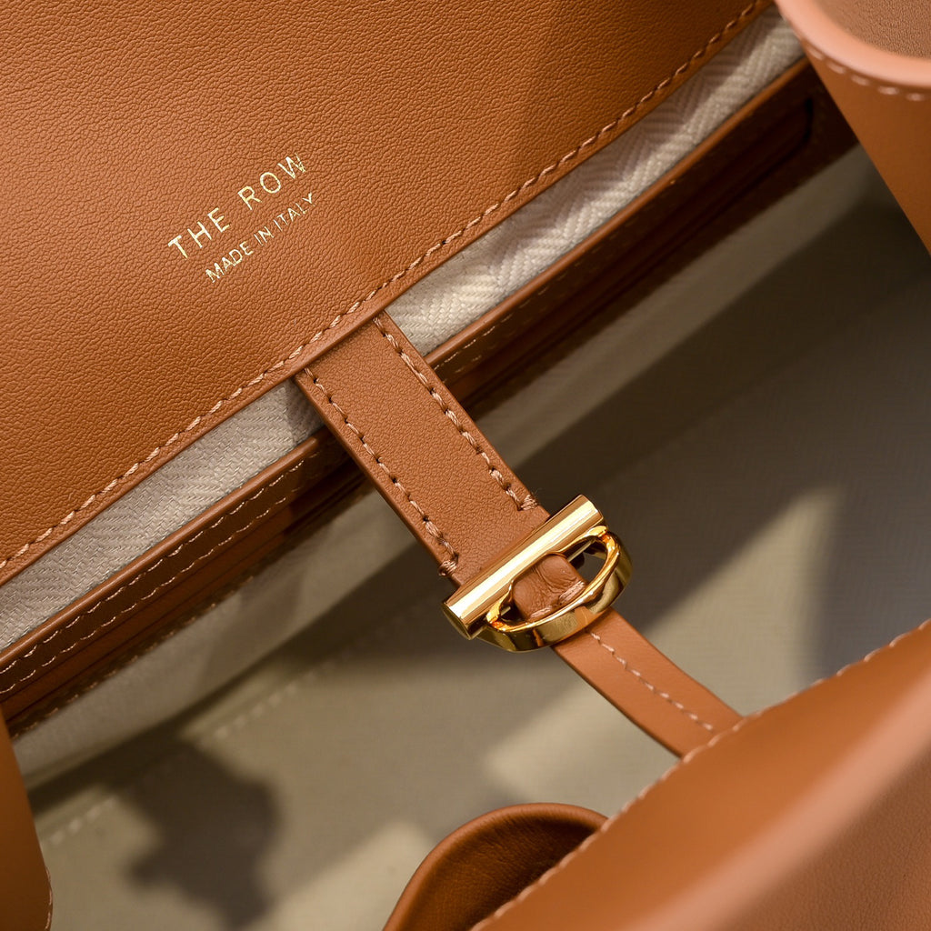 The Row Soft Margaux 15 Smooth Leather Tote Bag | Classic Caramel Commuter Handbag with Detachable Strap | Women's Luxury Shoulder Bag