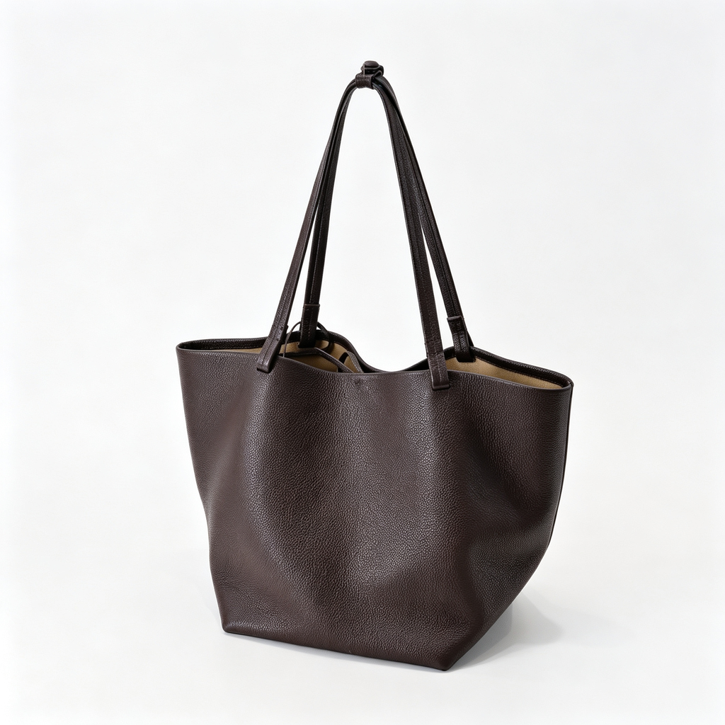 The Row XL Park Tote Bag | 50cm Pebbled Leather Large Tote with Pouch | Espresso Brown Handbag