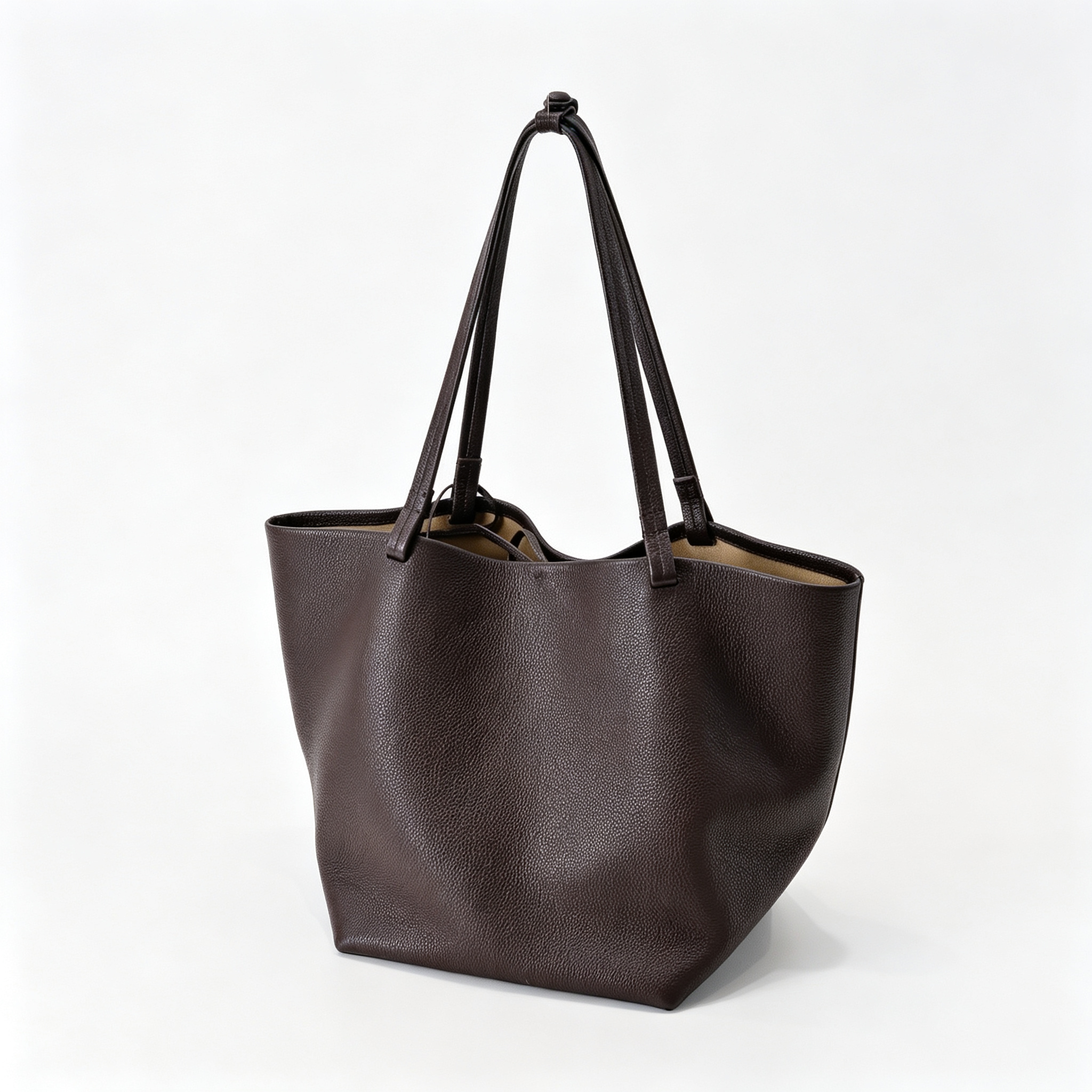 The Row XL Park Tote Bag | 50cm Pebbled Leather Large Tote with Pouch | Espresso Brown Handbag