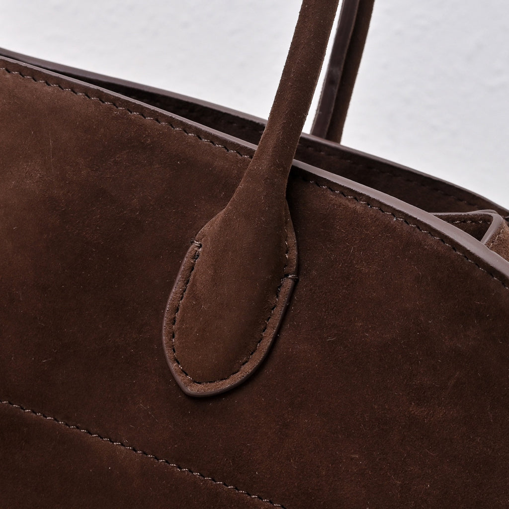 The Row Margaux 17 Large Suede Bag | 38.5cm Suede Leather Top Handle Tote | Dark Chocolate Margaux Handbag