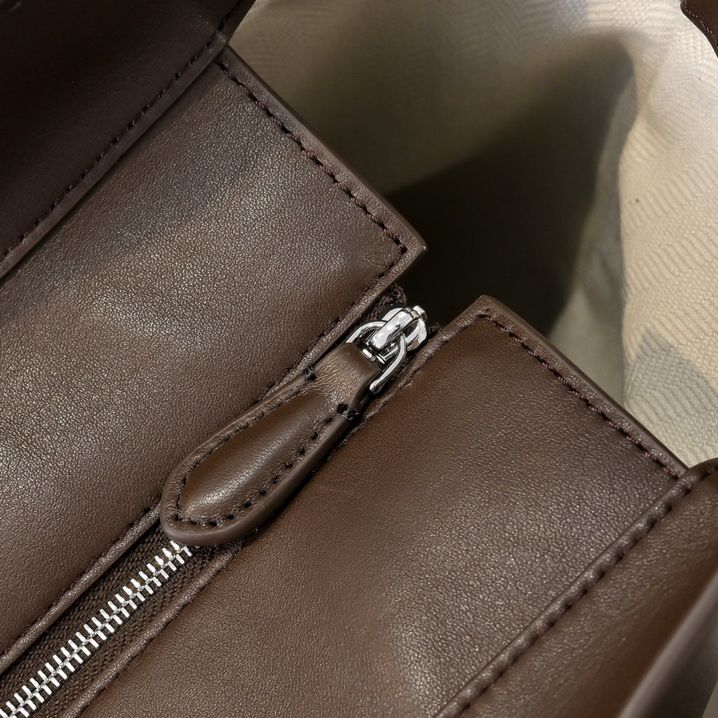 The Row Marlo 12 Leather Tote Bag | 43cm Smooth Calfskin Large Handbag | Dark Brown Structured Commuter Tote