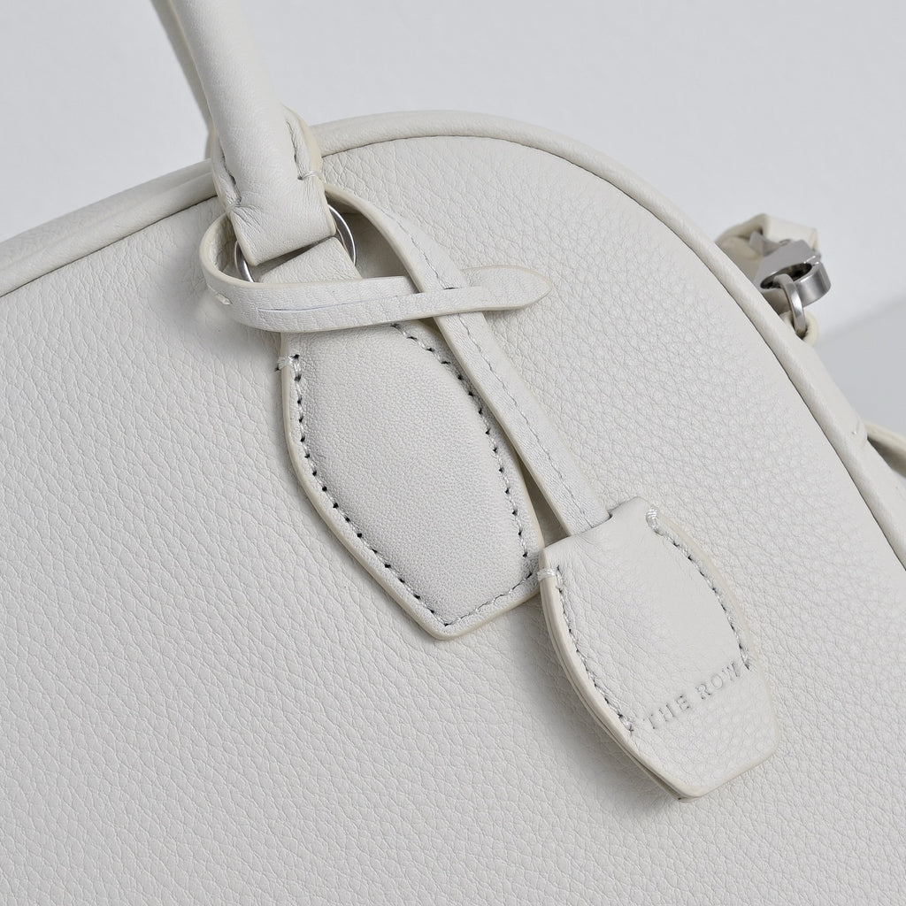 The Row India 10 Small Grained Leather Bag | 24cm Chalk White Bowling/Doctor Bag | Silver Hardware Top Handle Tote