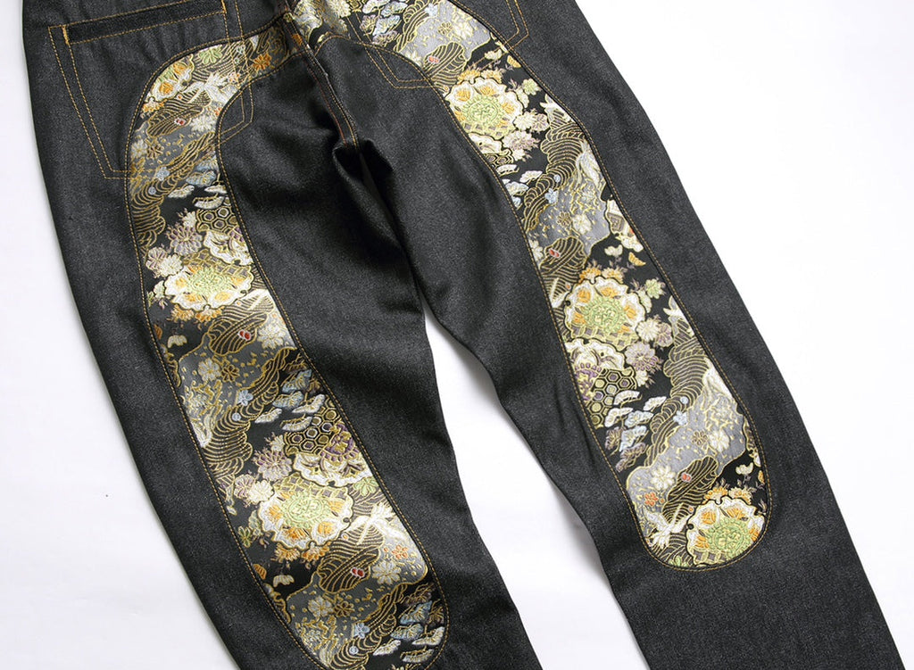 Evisu Men's "Dragon & Floral" Ukiyo-e Embroidered Jeans – Raw Denim Japanese Streetwear