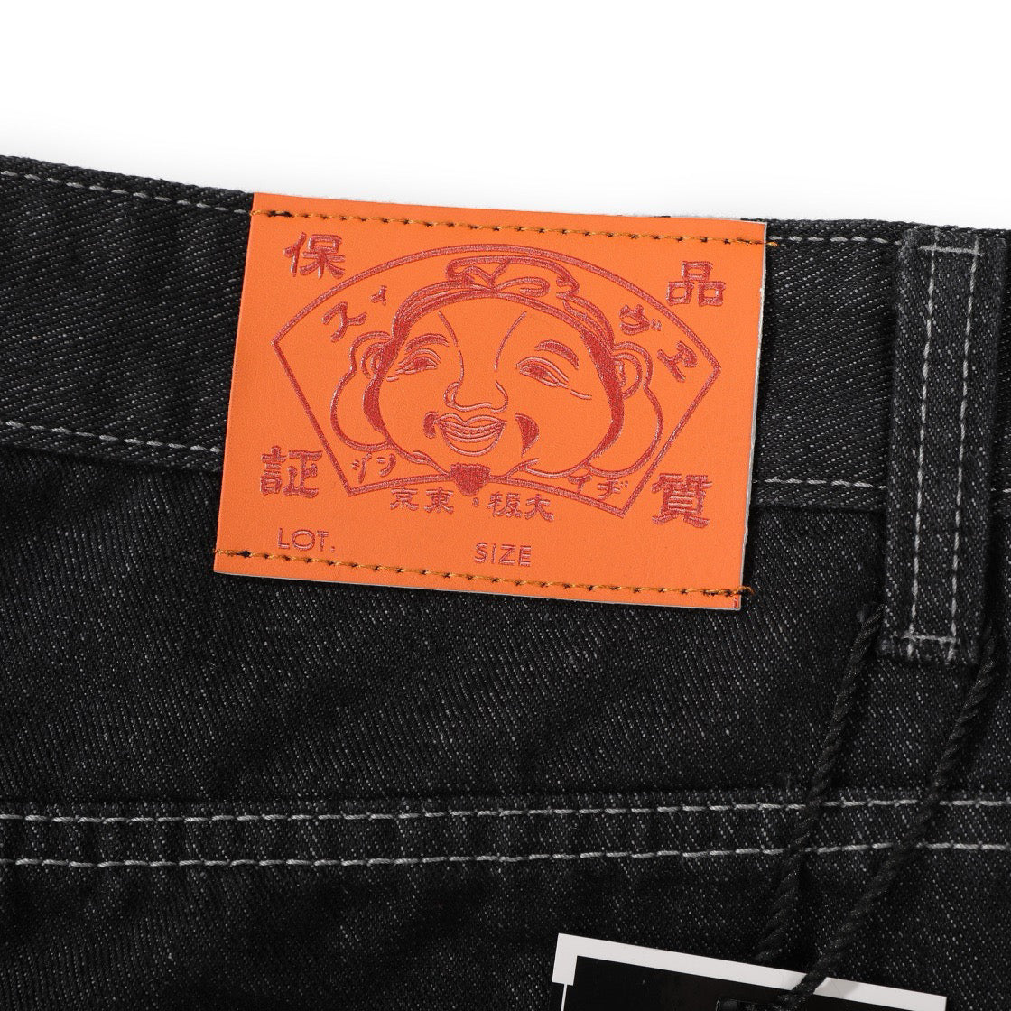EVISU Denim Shorts featuring Daruma Print and Embroidered "Big M"