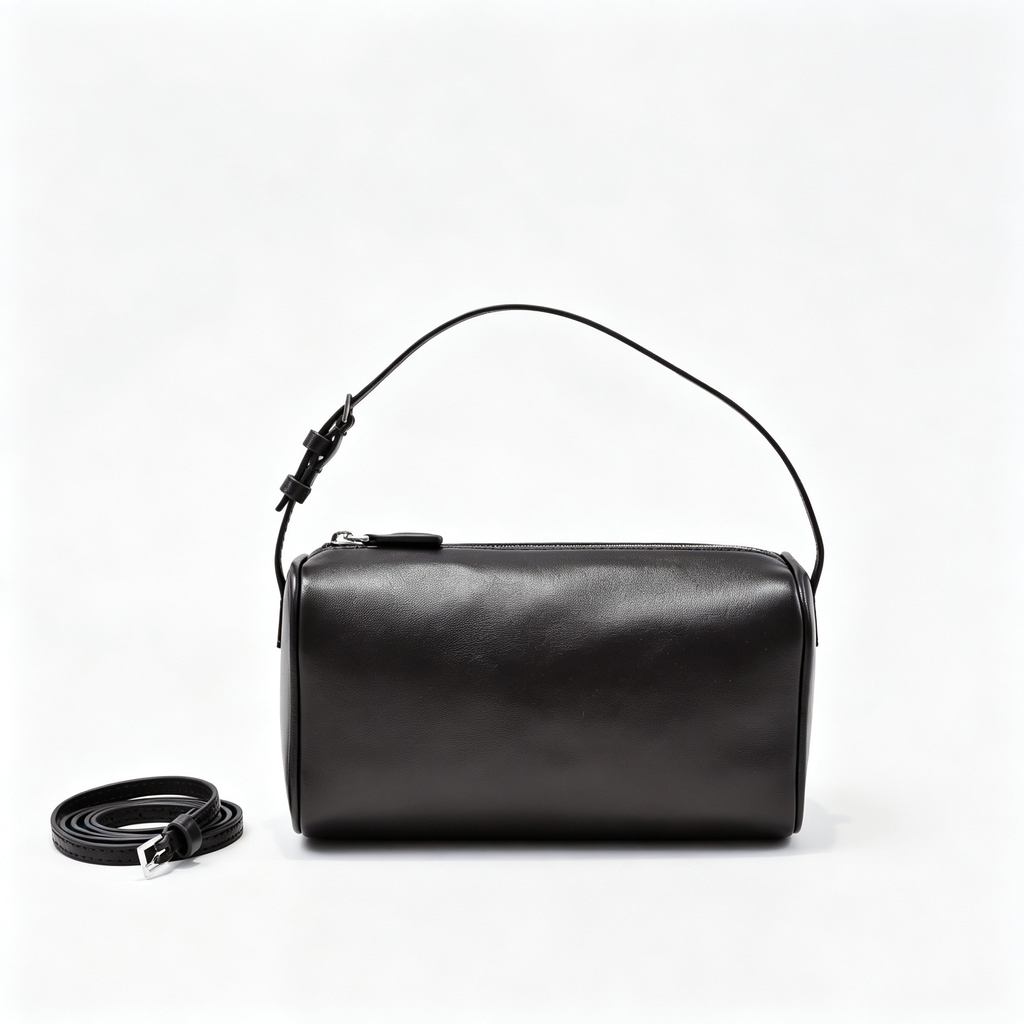 The Row Edith Barrel Bag | Small Grained Calf Leather Cylinder Bag | Black Shoulder Bag