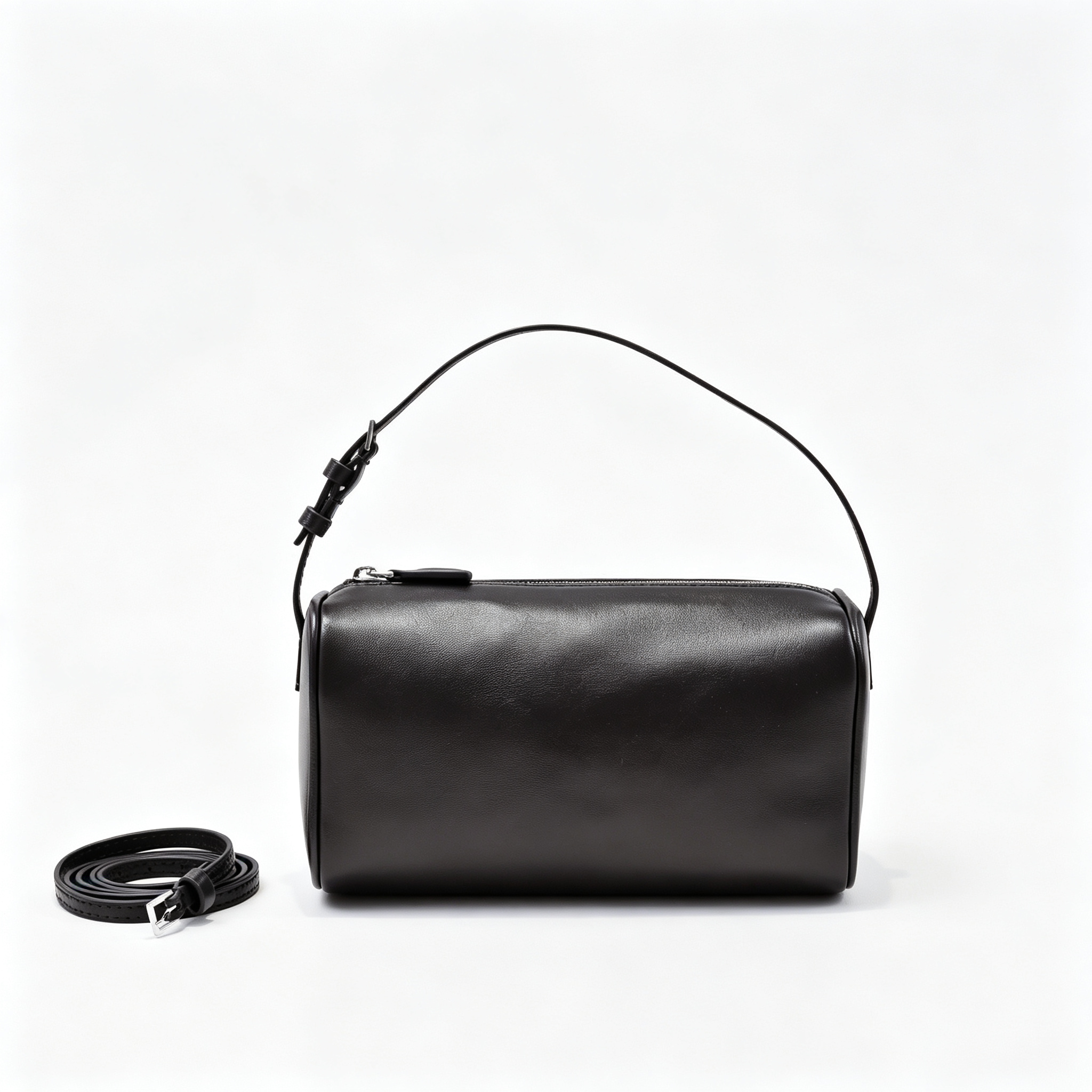 The Row Edith Barrel Bag | Small Grained Calf Leather Cylinder Bag | Black Shoulder Bag