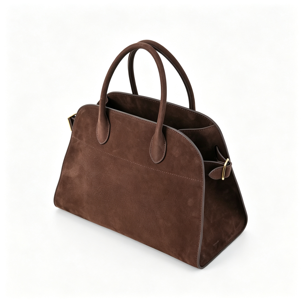 The Row Margaux 12 Small Suede Bag | 32cm Suede Leather Top Handle Tote | Espresso Brown Margaux Handbag