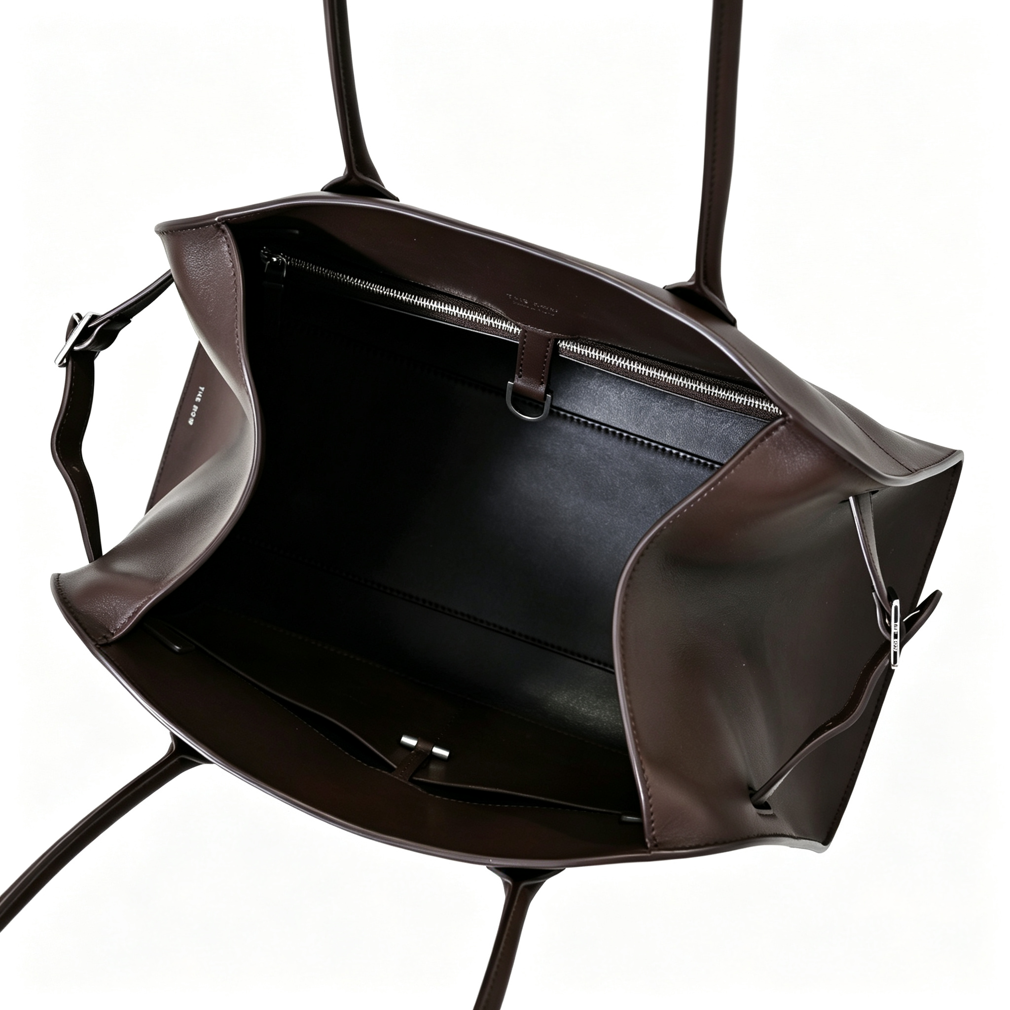 The Row Margaux 15 Smooth Calfskin Handbag | Large Leather Tote with Side Buckles | Black / Dark Chocolate