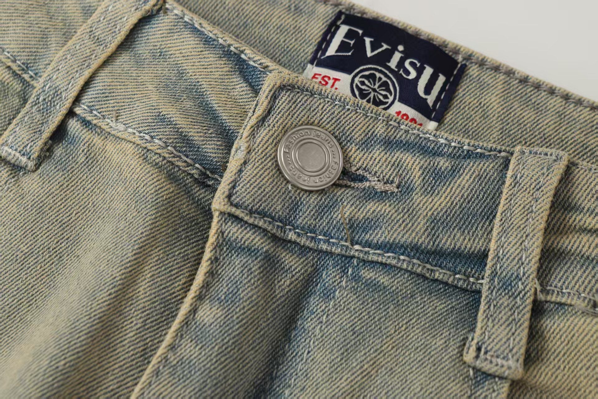Evisu Men's x Loewe Anagram Embroidered Jeans – Light Wash Baggy Denim