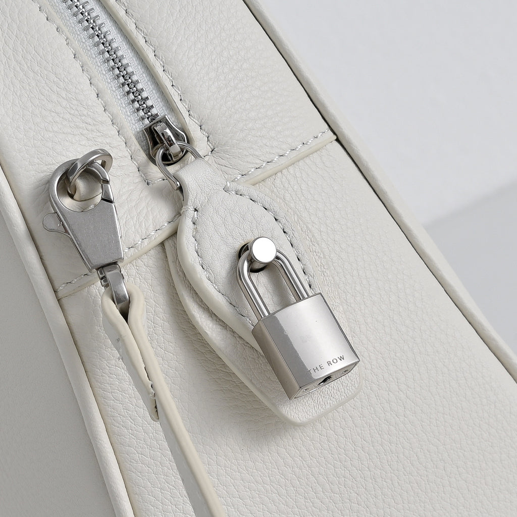 The Row India 10 Small Grained Leather Bag | 24cm Chalk White Bowling/Doctor Bag | Silver Hardware Top Handle Tote