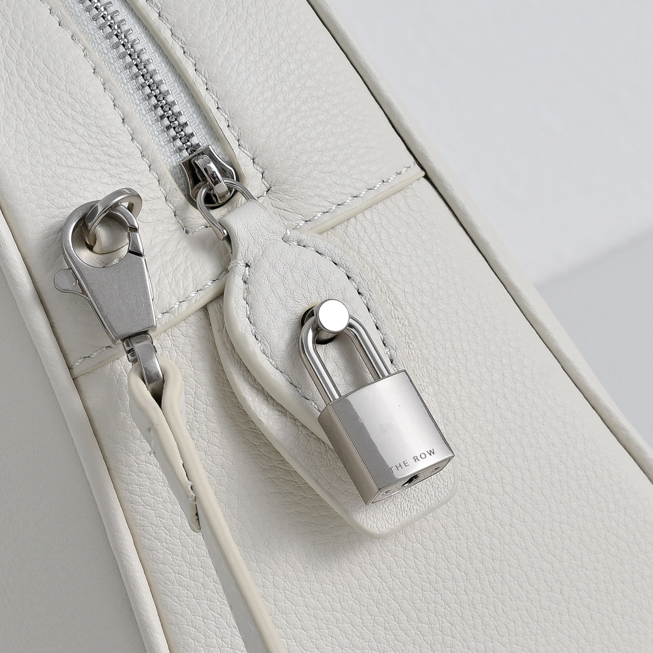 The Row India 10 Small Grained Leather Bag | 24cm Chalk White Bowling/Doctor Bag | Silver Hardware Top Handle Tote