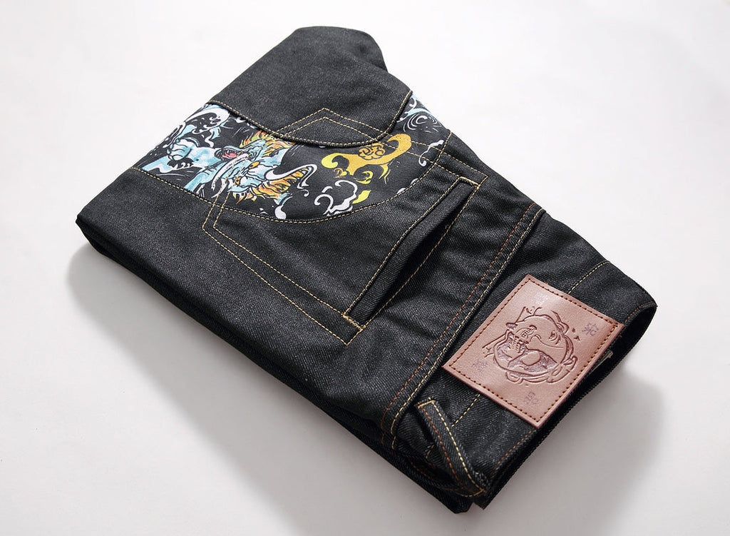 Evisu Men's "Dragon & Tiger" Ukiyo-e Embroidered Jeans – Raw Denim Japanese Streetwear