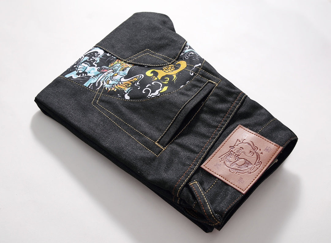 Evisu Men's "Dragon & Tiger" Ukiyo-e Embroidered Jeans – Raw Denim Japanese Streetwear