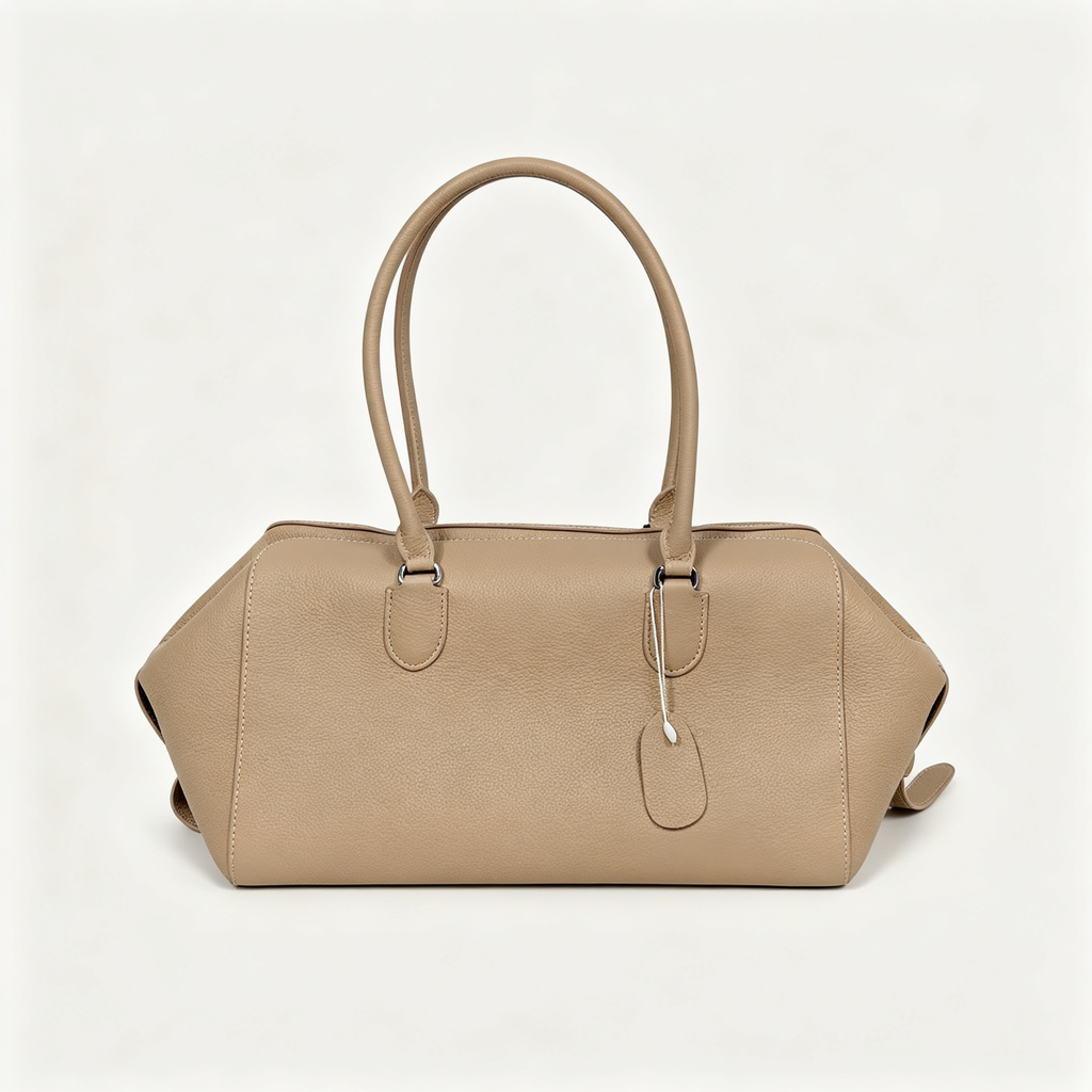 The Row EW Bowling Leather Handbag | 40cm Pebbled Leather Shoulder Bag | Taupe Commuter Tote