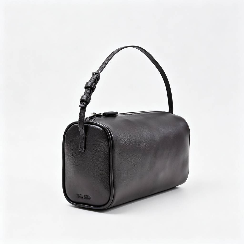 The Row Edith Barrel Bag | Small Grained Calf Leather Cylinder Bag | Black Shoulder Bag