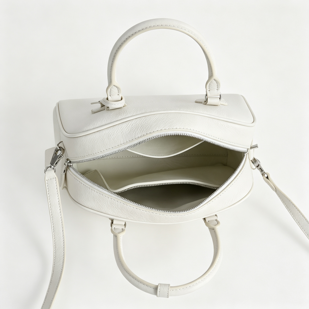 The Row India 10 Small Grained Leather Bag | 24cm Chalk White Bowling/Doctor Bag | Silver Hardware Top Handle Tote