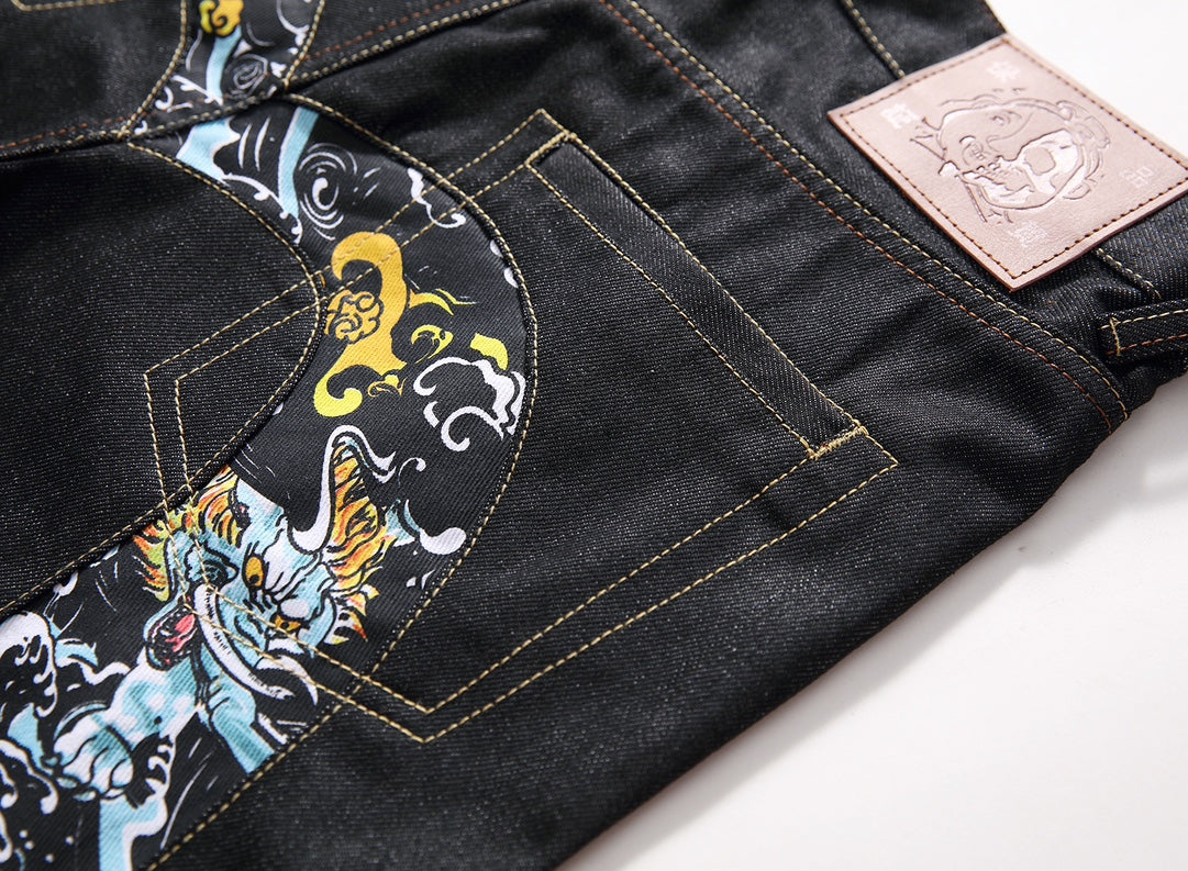 Evisu Men's "Dragon & Tiger" Ukiyo-e Embroidered Jeans – Raw Denim Japanese Streetwear