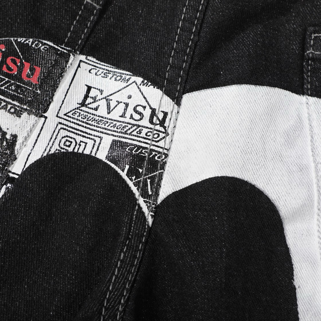 EVISU Denim Shorts featuring Daruma Print and Embroidered "Big M"