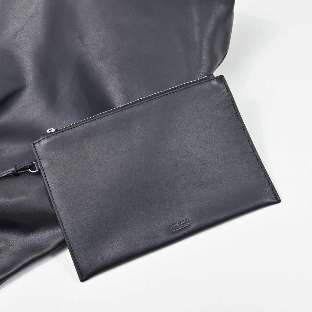 The Row Bindle 3 Black Leather Tote Bag – Large Capacity, Soft Nappa Leather, Detachable Pouch