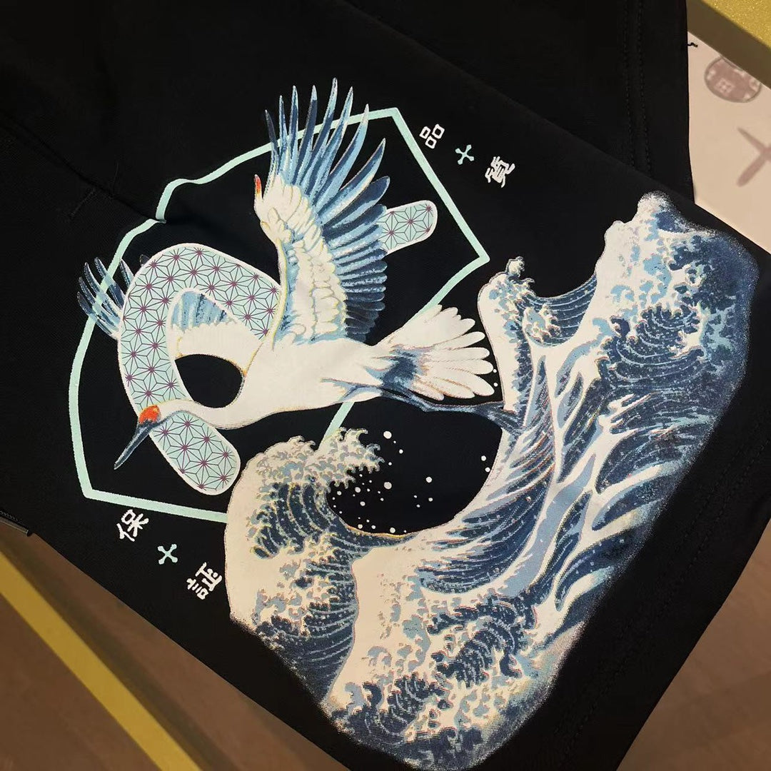 EVISU "Waves and Cranes" Print Athletic Shorts