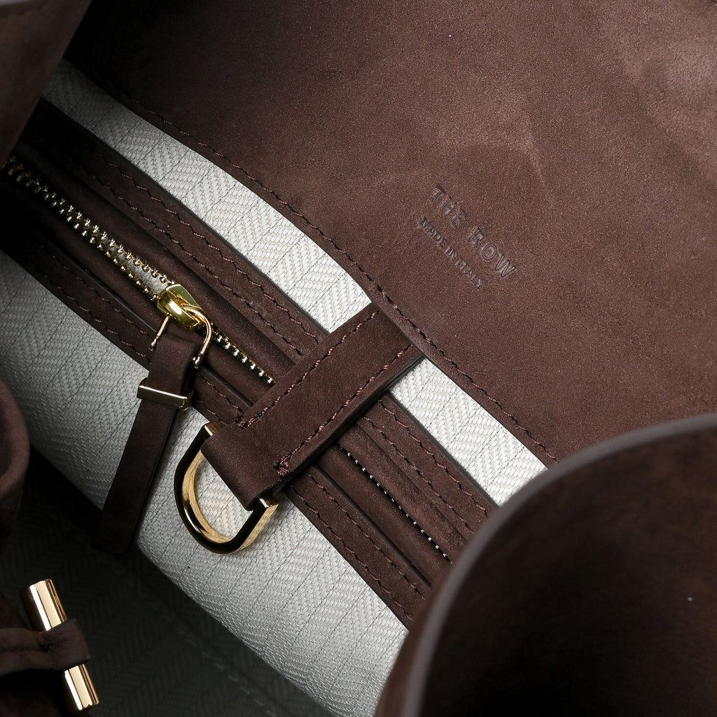 The Row Margaux 12 Small Suede Bag | 32cm Suede Leather Top Handle Tote | Espresso Brown Margaux Handbag