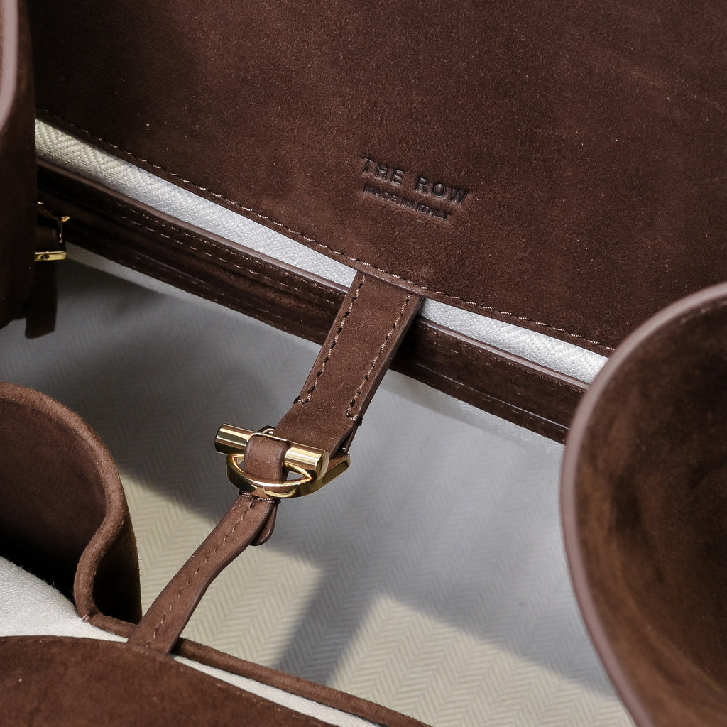 The Row Margaux 17 Large Suede Bag | 38.5cm Suede Leather Top Handle Tote | Dark Chocolate Margaux Handbag