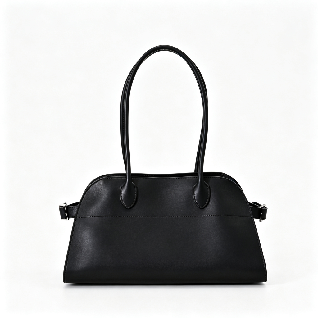 The Row Margaux 15 Smooth Calfskin Handbag | Large Leather Tote with Side Buckles | Black / Dark Chocolate
